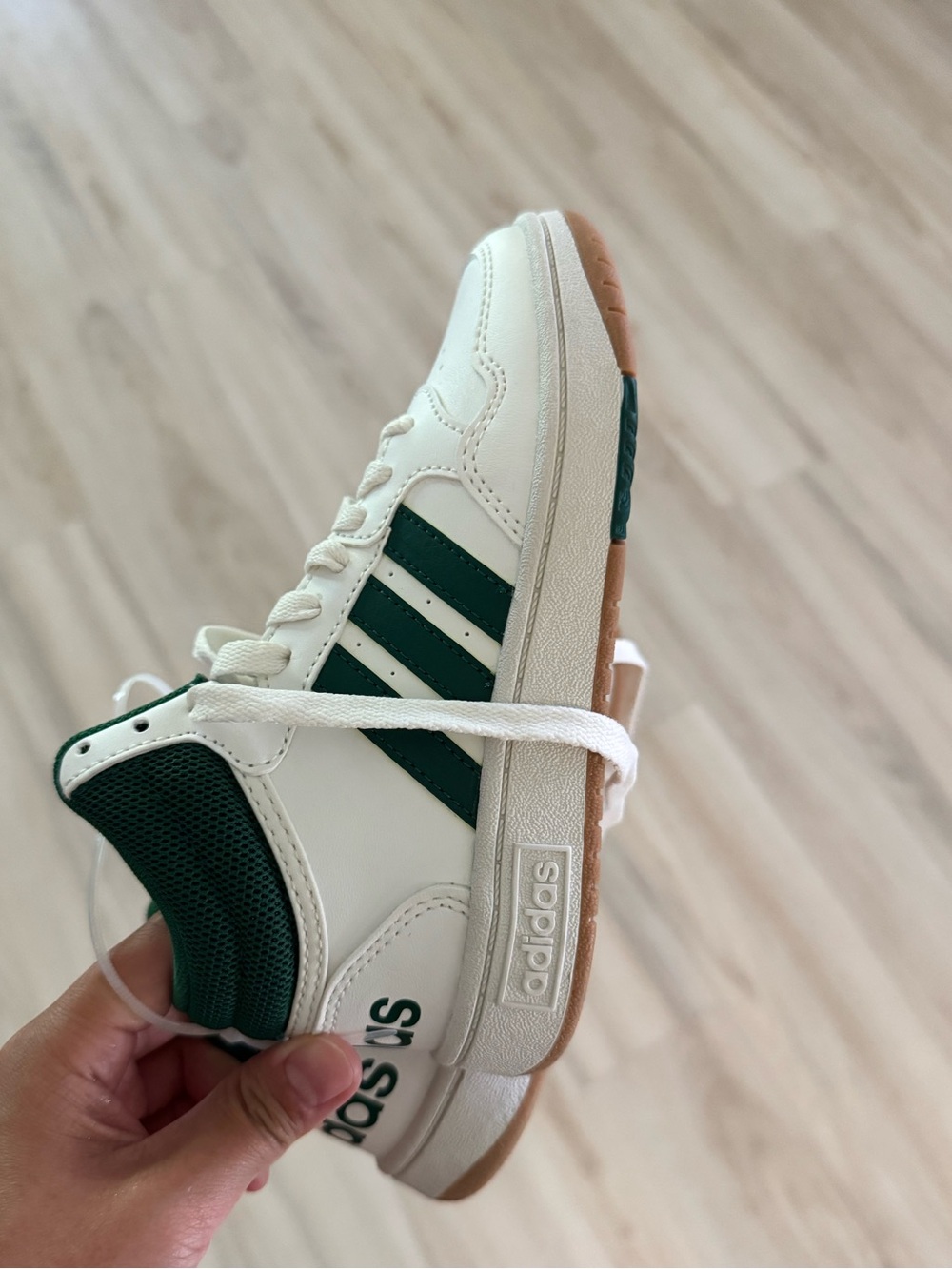 adidas Kids White Sneakers with Green Stripes and Gum Soles